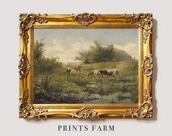 Meadow Painting, Cows Vintage Print, Farmhouse Decor / P260