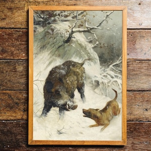 Wild Boar Winter Scene Painting, Animal Art Print / P864
