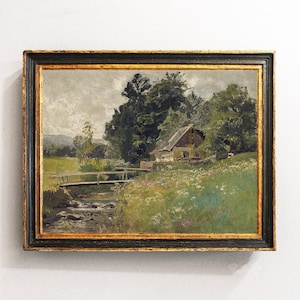 Cottage Painting, Village Landscape, Farm Vintage Painting, Farmhouse Decor, Wall Decor / P254