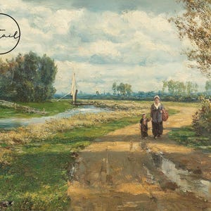 A painting of a woman and a child walking down a dirt road in a rural landscape. The sky is cloudy and the trees are green. The woman is wearing a long dress and a hat. The child is wearing a short dress. The painting is in a realistic style.