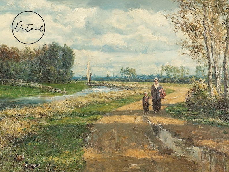 A painting of a woman and a child walking down a dirt road in a rural landscape. The sky is cloudy and the trees are green. The woman is wearing a long dress and a hat. The child is wearing a short dress. The painting is in a realistic style.