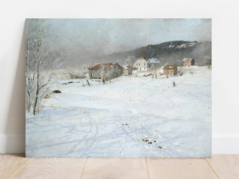 A serene winter landscape painting depicts snow-covered fields and scattered farmhouses under a pale sky, evoking a calm and tranquil mood.