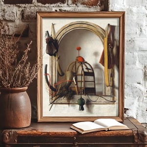 A rustic setting features a framed painting of a still life with a pomegranate, dried fruits, and a birdcage on a stone ledge. Beside it, dried branches in a clay vase and an open book rest on a wooden chest against a textured white brick wall, evoking a vintage and cozy ambiance.