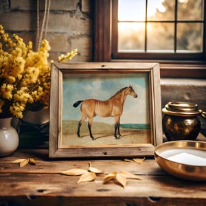 Framed painting of a horse on a wooden table, surrounded by yellow flowers and golden decor. Warm sunlight filters through a window, creating a cozy ambiance.