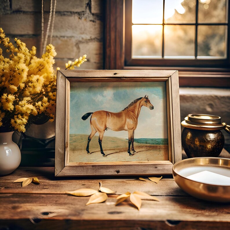 Framed painting of a horse on a wooden table, surrounded by yellow flowers and golden decor. Warm sunlight filters through a window, creating a cozy ambiance.