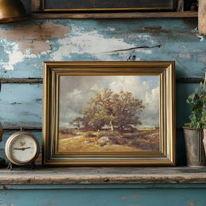 A rustic scene on a weathered blue shelf features an ornate lamp, a vintage clock, and a framed landscape painting with lush trees. Adjacent potted plants add a natural touch.