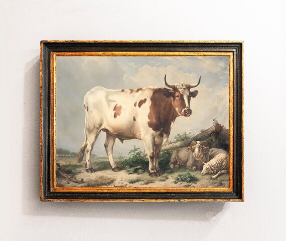 Vintage Bull Painting, Farm Animal Art Print / P791