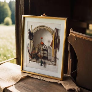 Framed artwork on a wooden table in natural light, featuring an archway with assorted tools and a birdcage. Rustic, serene outdoor setting.