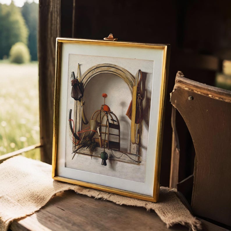 Framed artwork on a wooden table in natural light, featuring an archway with assorted tools and a birdcage. Rustic, serene outdoor setting.