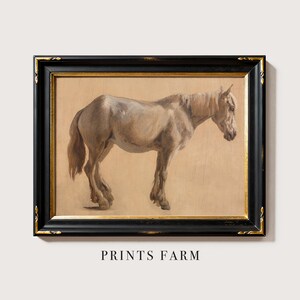 A framed painting of a light gray horse standing in profile, facing left. The horse is depicted in a realistic style with detailed features and a soft, muted color palette.