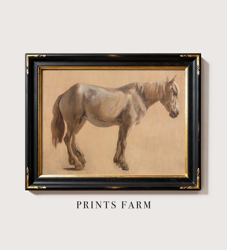 A framed painting of a light gray horse standing in profile, facing left. The horse is depicted in a realistic style with detailed features and a soft, muted color palette.