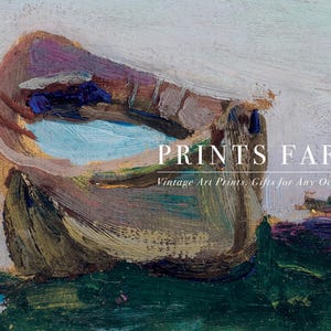 Impressionistic painting of a wooden boat on a textured background, combining earthy tones with bright blues. Text overlay reads “Prints Farm” and “Vintage Art Prints.”