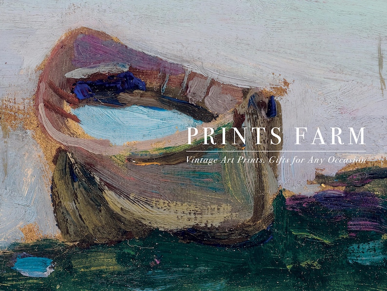 Impressionistic painting of a wooden boat on a textured background, combining earthy tones with bright blues. Text overlay reads “Prints Farm” and “Vintage Art Prints.”