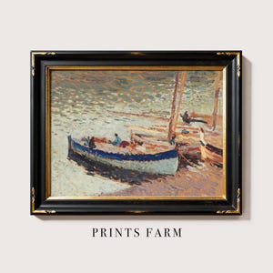 A framed painting of sailboats on water, featuring impressionist brushwork in soft blues and browns, conveying a serene, nostalgic mood. Text reads "Prints Farm."