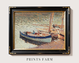 Vintage Boats Painting, Seaside Landscape Print, Coastal Decor / P612