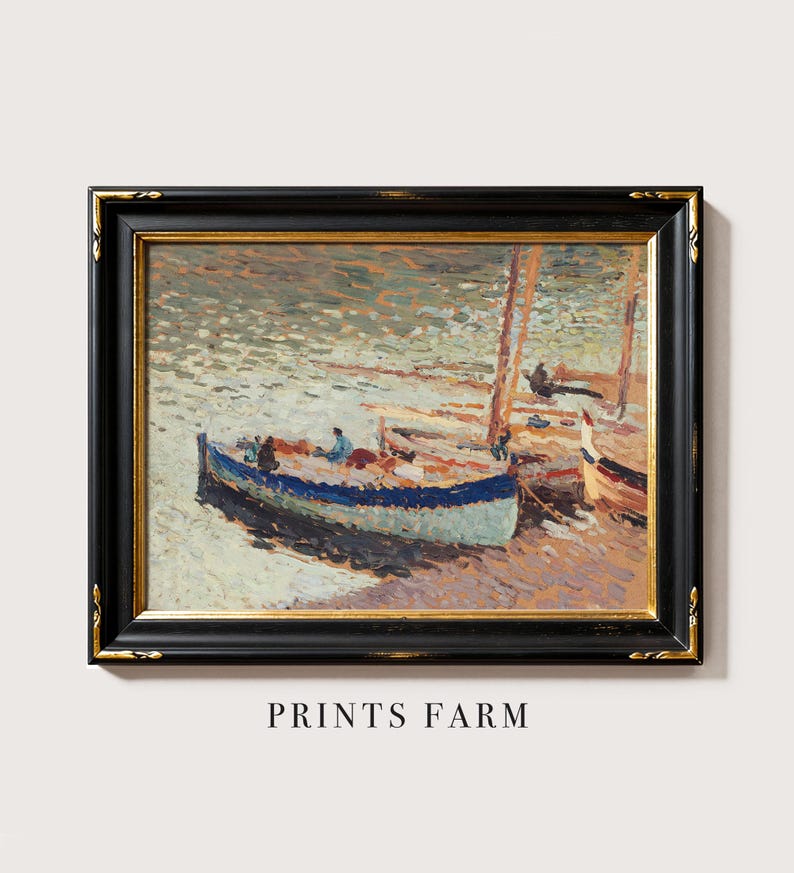 A framed painting of sailboats on water, featuring impressionist brushwork in soft blues and browns, conveying a serene, nostalgic mood. Text reads "Prints Farm."