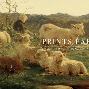 A pastoral scene with sheep and a person sitting on a hillside, surrounded by trees. The text reads "PRINTS FARM: Vintage Art Prints, Gifts for Any Occasion." The tone is tranquil.