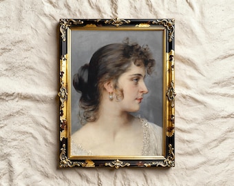 Vintage Woman Portrait Painting, Moody Art Print, Rustic Farmhouse Decor / P970