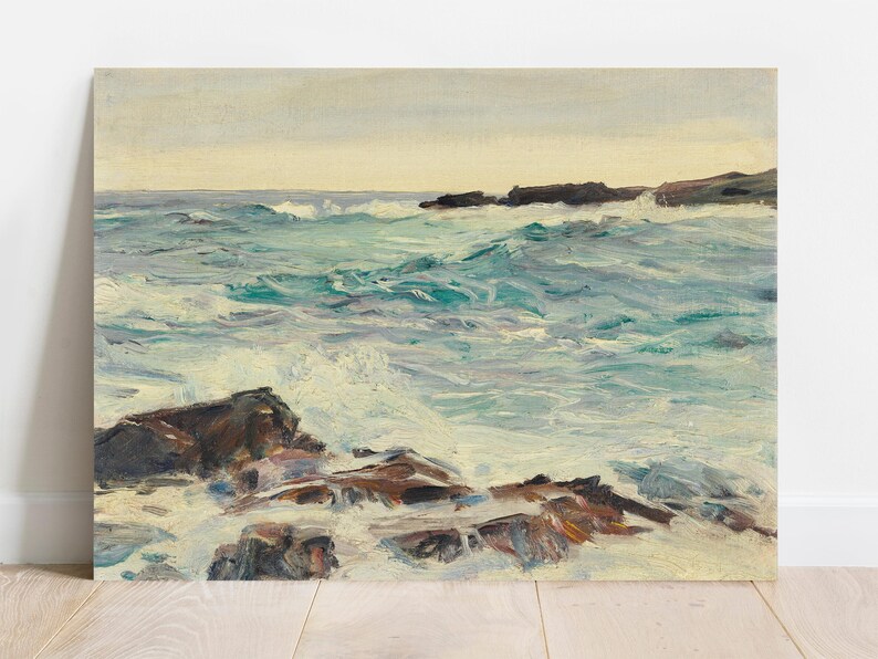 Painting of a seascape with turbulent waves crashing against dark rocks. The sky is overcast, with a calm, muted color palette conveying a serene mood.