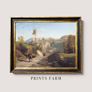 Framed landscape painting of a peaceful countryside with a path, trees, distant hills, and a donkey. Bright, serene atmosphere. Text reads "Prints Farm".