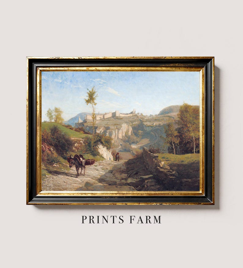 Framed landscape painting of a peaceful countryside with a path, trees, distant hills, and a donkey. Bright, serene atmosphere. Text reads "Prints Farm".