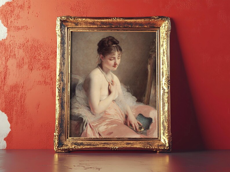 A classic painting in an ornate gold frame depicts a seated woman in a pink dress holding a fan. She's gazing down thoughtfully.