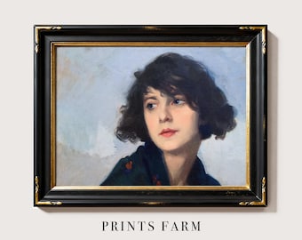 Vintage Woman Portrait Painting, Antique Female Art Print, Rustic Farmhouse Wall Decor / P601