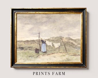 Laundry Line Painting, Cottage Landscape Print, Farmhouse Art