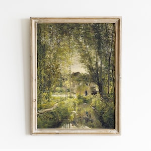 River Landscape, Cottage Painting, Rural Landscape, Farmhouse Decor, Vintage Print / P263 image 3