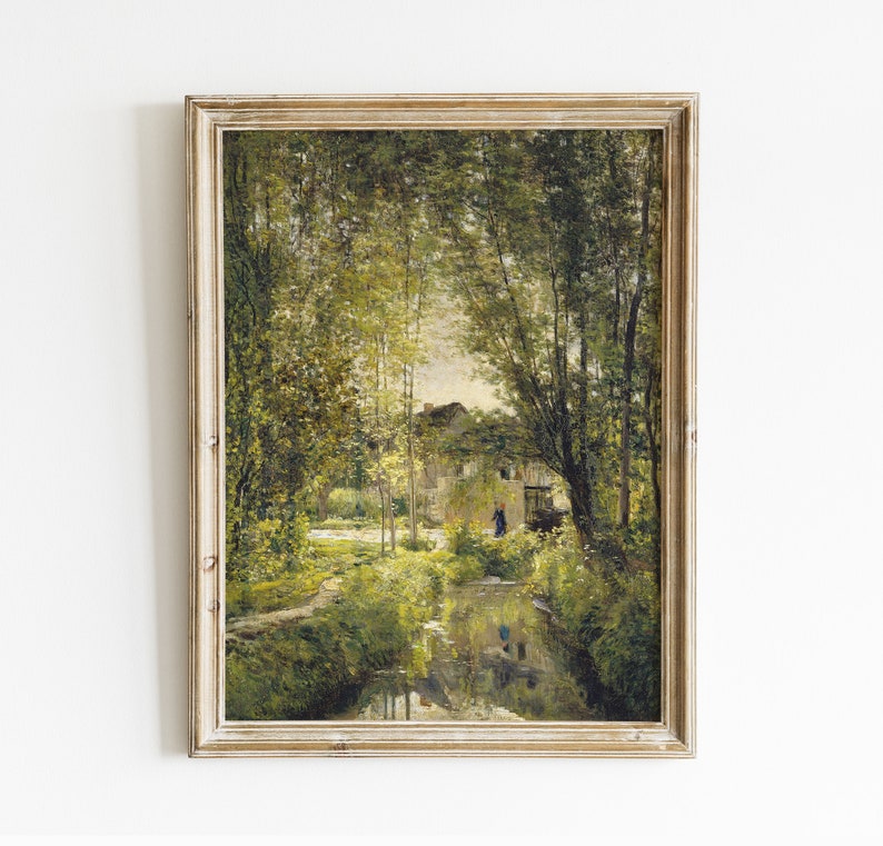 River Landscape, Cottage Painting, Rural Landscape, Farmhouse Decor, Vintage Print / P263 image 3