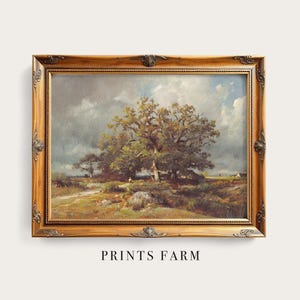Framed landscape painting of a large, lush tree under a cloudy blue sky, with grassy fields in the foreground. Text below reads "PRINTS FARM."