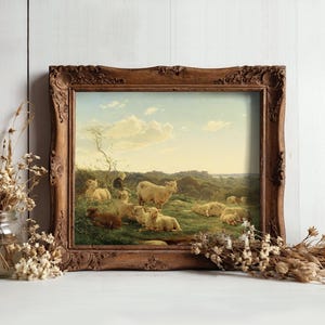 A rustic wooden frame displays a pastoral painting of sheep grazing in a sunlit field. Dried flowers in glass jars surround the artwork, adding a rustic charm.