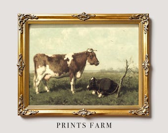 Vintage Cow Print, Farm Animal Painting, Farmhouse Wall Art / P485