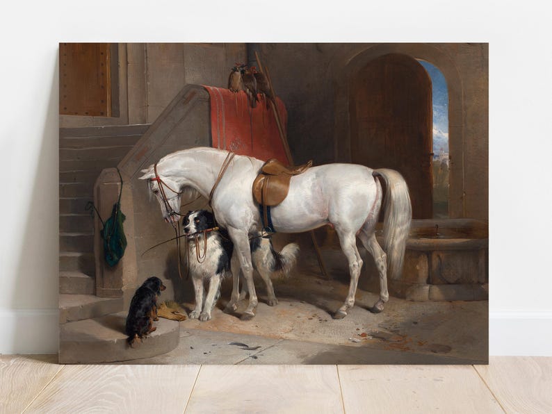 A peaceful stable scene features a white horse with a saddle, flanked by two attentive dogs. They stand on a stone floor near a staircase, with sunlight pouring through a doorway.