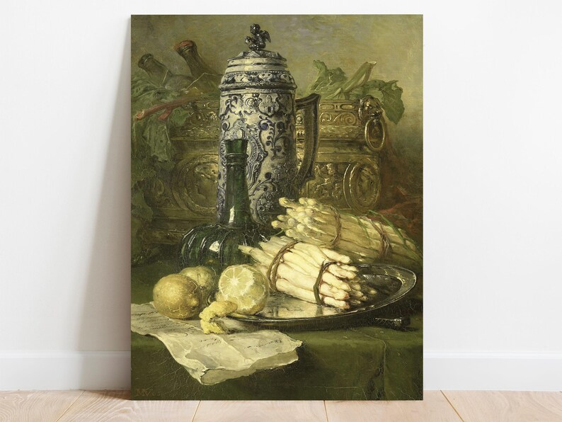 Still life painting of white asparagus on a plate, a lemon, a green bottle, and an ornate blue ceramic jug. The setting exudes a classic, elegant tone.