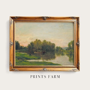Vintage River Print, Rustic Landscape Art, Country House Decor / P216