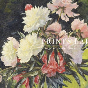 A vibrant floral painting shows an arrangement of peonies in shades of white, pink, and red against a dark background. Text reads "PRINTS FARM, vintage art prints."