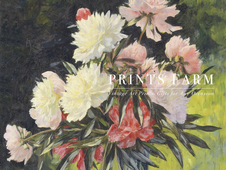 A vibrant floral painting shows an arrangement of peonies in shades of white, pink, and red against a dark background. Text reads "PRINTS FARM, vintage art prints."