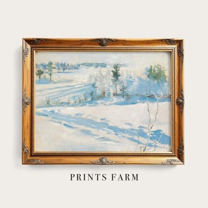 Framed painting of a snowy landscape with blue shadows and scattered trees, conveying a serene, wintry atmosphere. Text below reads "PRINTS FARM."