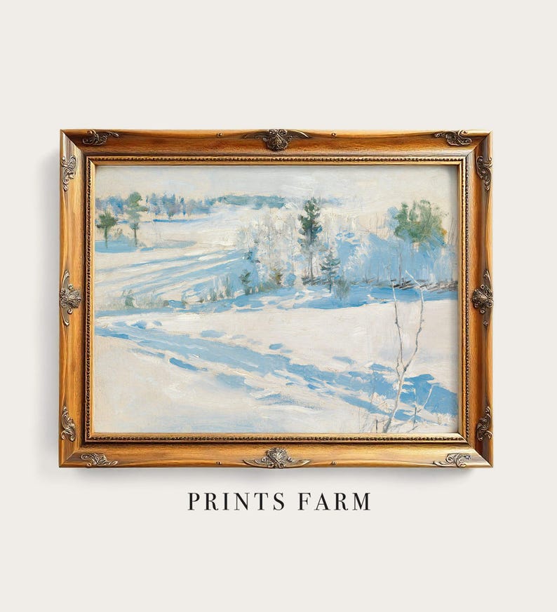 Framed painting of a snowy landscape with blue shadows and scattered trees, conveying a serene, wintry atmosphere. Text below reads "PRINTS FARM."