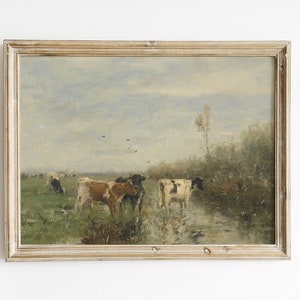 Cows Painting, Country Landscape, Riverside Painting, Home Decor, Vintage Art, Mailed Print / P46 Bild 3