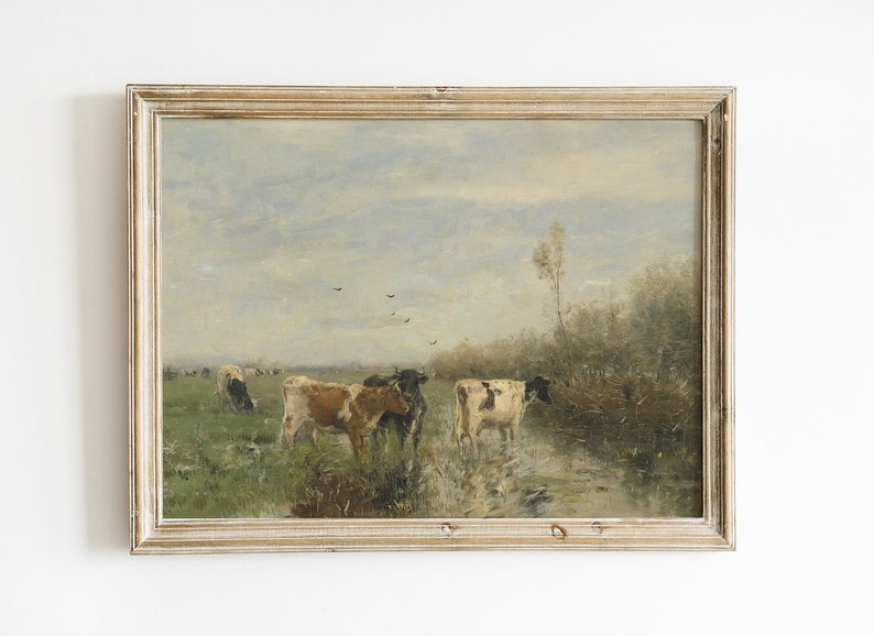 Cows Painting, Country Landscape, Riverside Painting, Home Decor, Vintage Art, Mailed Print / P46 Bild 3
