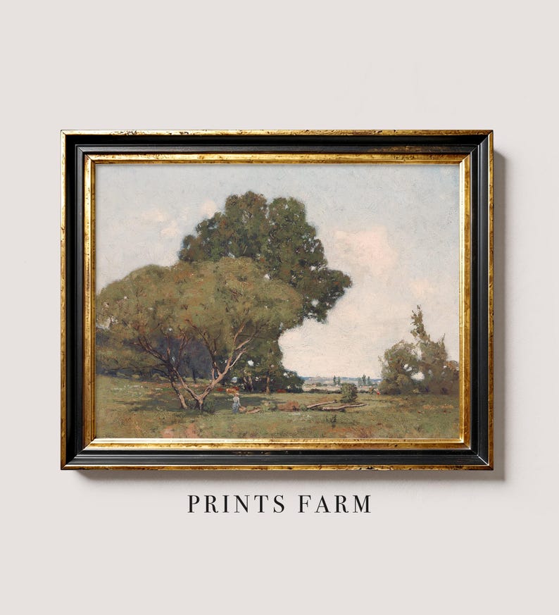 A landscape painting titled "Prints Farm," featuring a scenic rural view with large, leafy trees, a small figure walking on the grass, and a distant horizon under a partly cloudy sky. The painting is framed in an ornate black and gold frame and is displayed against a light-colored wall.