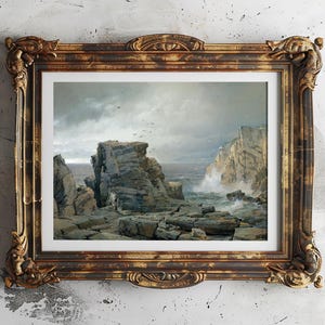 A framed painting of a rocky cliff by the sea on a textured wall. Waves crash against the rocks under a cloudy sky, creating a dramatic, moody scene.