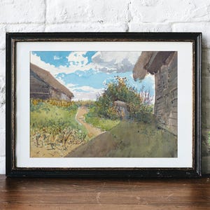 Country Landscape, Cottage Watercolor, Rustic Print, Farmhouse Decor, Landscape Painting / P776