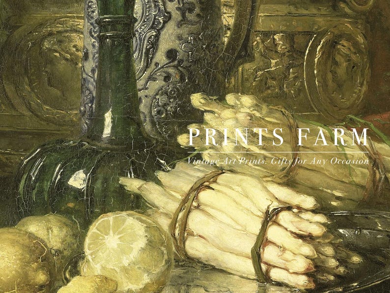Still life painting of white asparagus bundles, lemons, a dark green bottle, and ornate pottery. Text: "Prints Farm, Vintage Art Prints: Gifts for Any Occasion." The tone is classic and elegant.