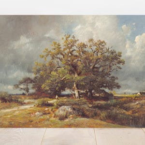 Vintage landscape painting depicting a large, gnarled tree under a cloudy sky, surrounded by grassy fields and a winding path in a serene, natural setting.