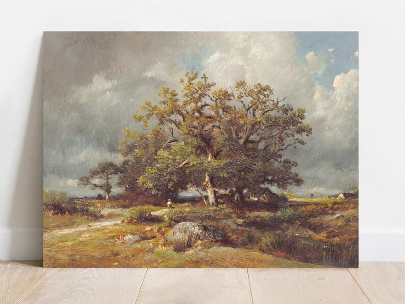 Vintage landscape painting depicting a large, gnarled tree under a cloudy sky, surrounded by grassy fields and a winding path in a serene, natural setting.