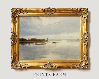 Lake Landscape Painting, Country Farmhouse Print, Lake House Decor / P68