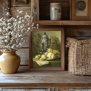 A rustic interior scene with a wooden shelf displaying a dried flower bouquet in a beige vase, a framed still-life painting, and a woven basket. Warm and cozy ambiance.